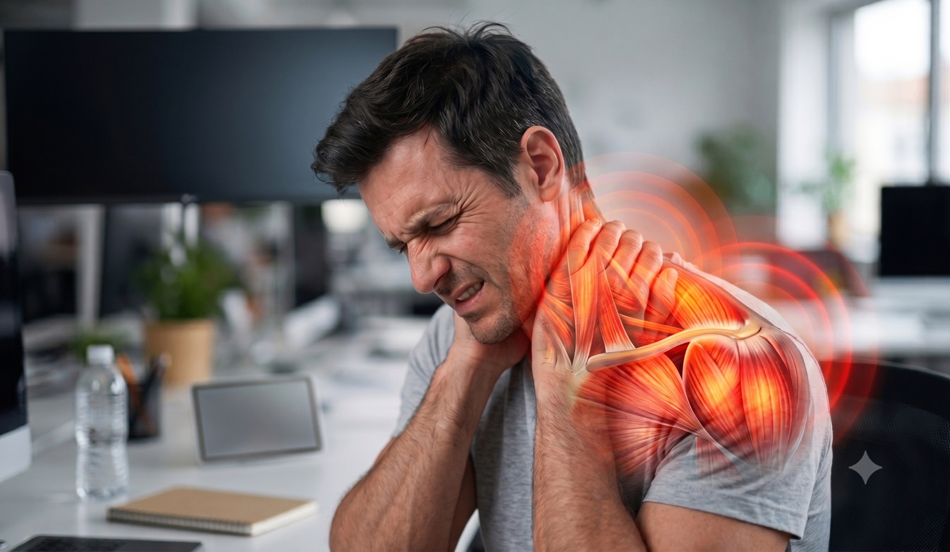 Person with shoulder and upper back pain